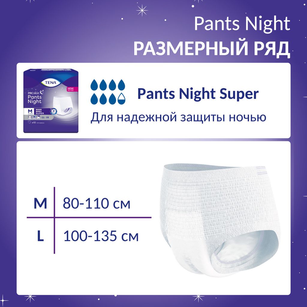 Подгузники-трусы для взрослых Tena Pants Night Super, Large L (3), 100-135 см, 10 шт.