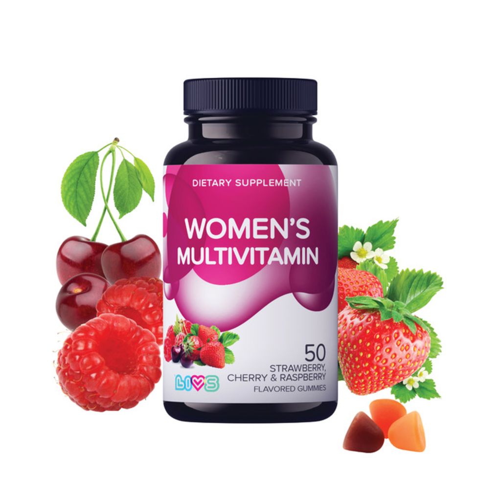 LIVS Комплекс мультивитаминов для женщин, пектиновые мармеладные пастилки, со вкусами клубники, вишни, малины, 50 шт.