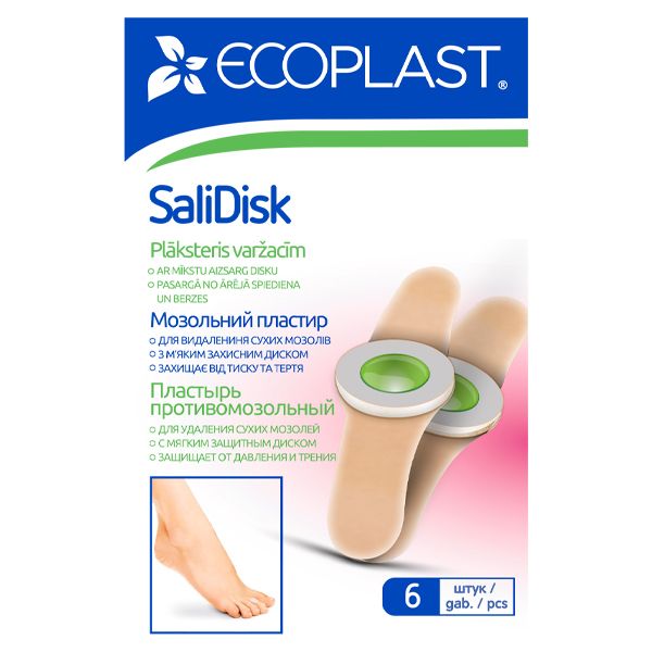 фото упаковки Ecoplast SaliDisk Пластырь противомозольный для удаления сухих мозолей, 19х72 мм, пластырь, 6 шт. фото упаковки Ecoplast SaliDisk Пластырь противомозольный для удаления сухих мозолей