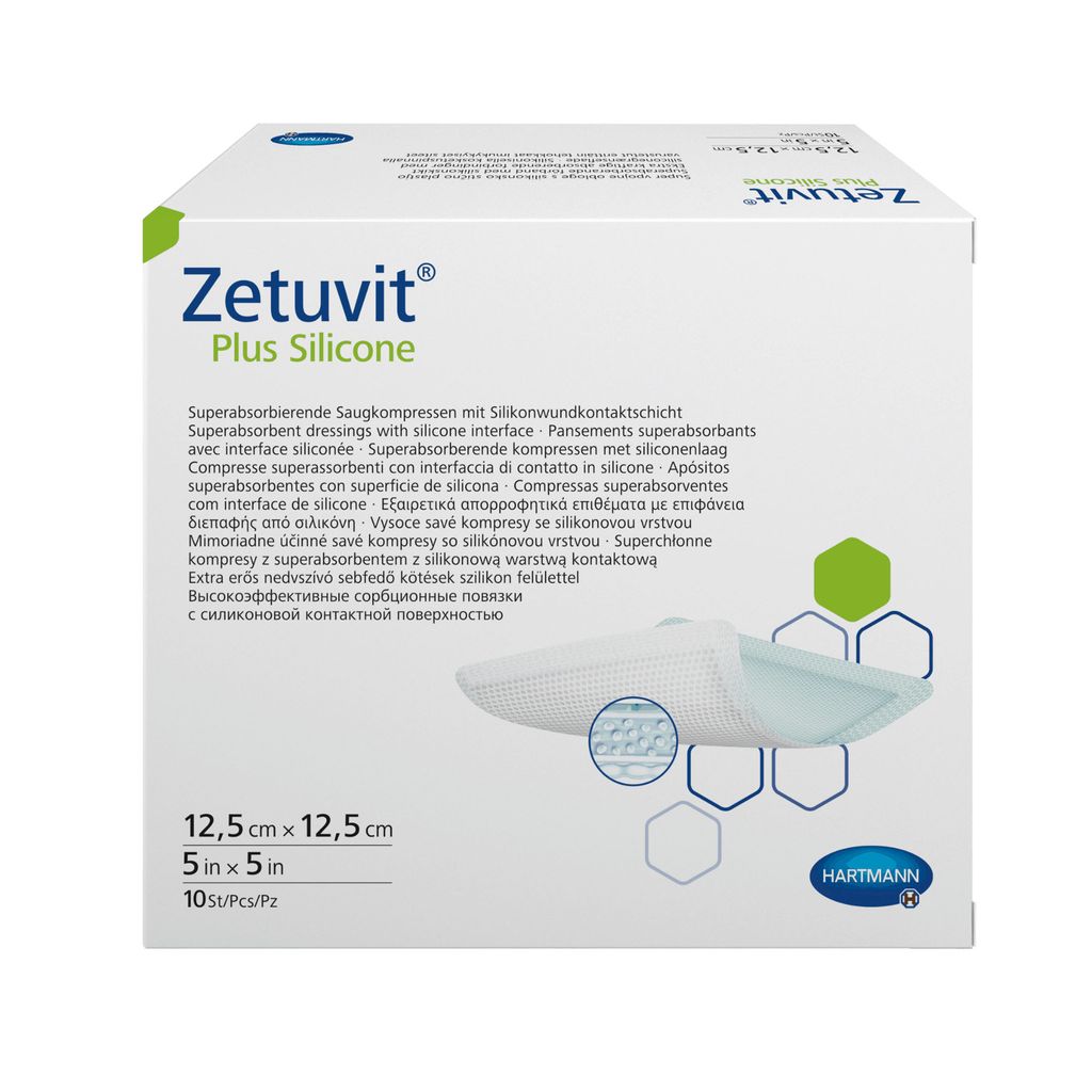 фото упаковки Zetuvit Plus Silicone Повязка суперабсорбирующая, 12,5 х 12,5 см, повязка стерильная, с контактным слоем из силикона, 10 шт. фото упаковки Zetuvit Plus Silicone Повязка суперабсорбирующая
