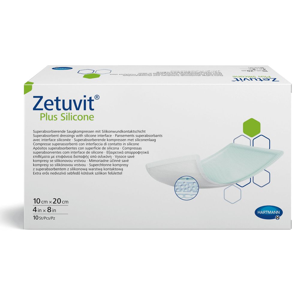 фото упаковки Zetuvit Plus Silicone Повязка суперабсорбирующая, 10см х 20см, повязка стерильная, с контактным слоем из силикона, 10 шт. фото упаковки Zetuvit Plus Silicone Повязка суперабсорбирующая