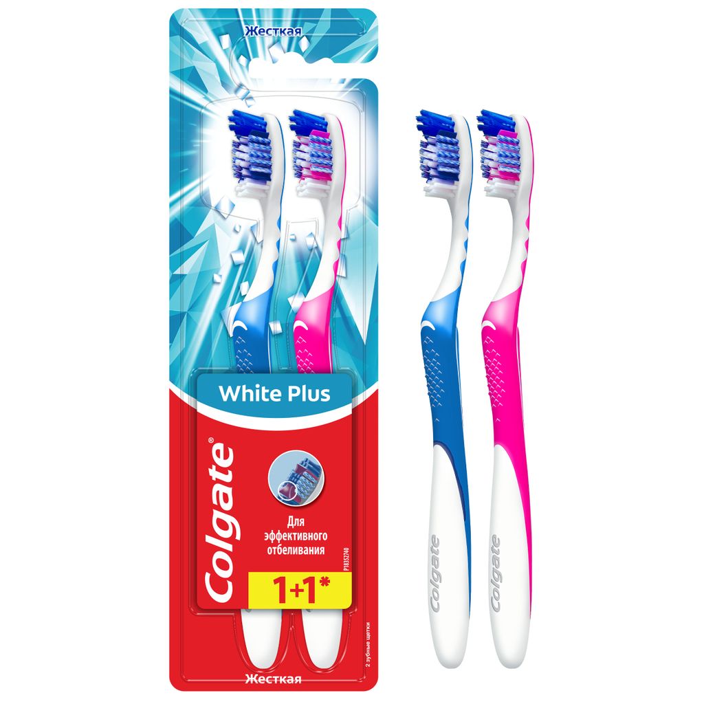 Colgate Щетка зубная жесткая White Plus 1+1, набор, отбеливающая, 1 шт.