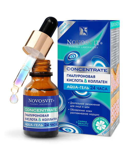 Novosvit Concentrate Aqua-гель 24 часа Гиалуроновая кислота и коллаген, гель косметический, для лица, 25 мл, 1 шт.
