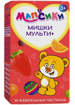 Мапсики Мишки Мульти плюс, для детей с 3х лет, пастилки жевательные, клубника виноград апельсин, 30 шт.