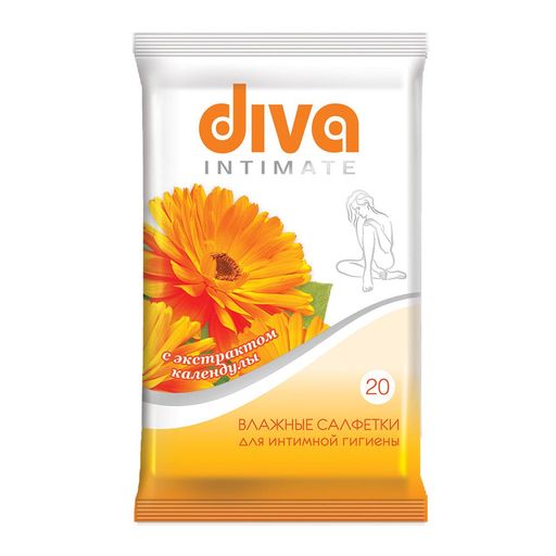 Diva салфетки влажные для интимной гигиены с календулой, салфетки влажные, 20 шт.