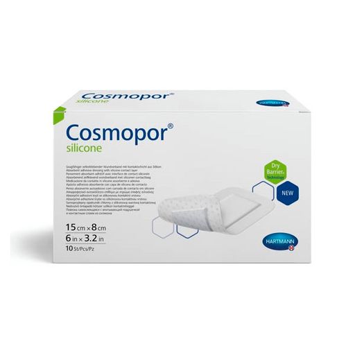 Cosmopor Silicone Повязка впитывающая пластырного типа, 15х8см, повязка стерильная, с контактным слоем из силикона, 10 шт.